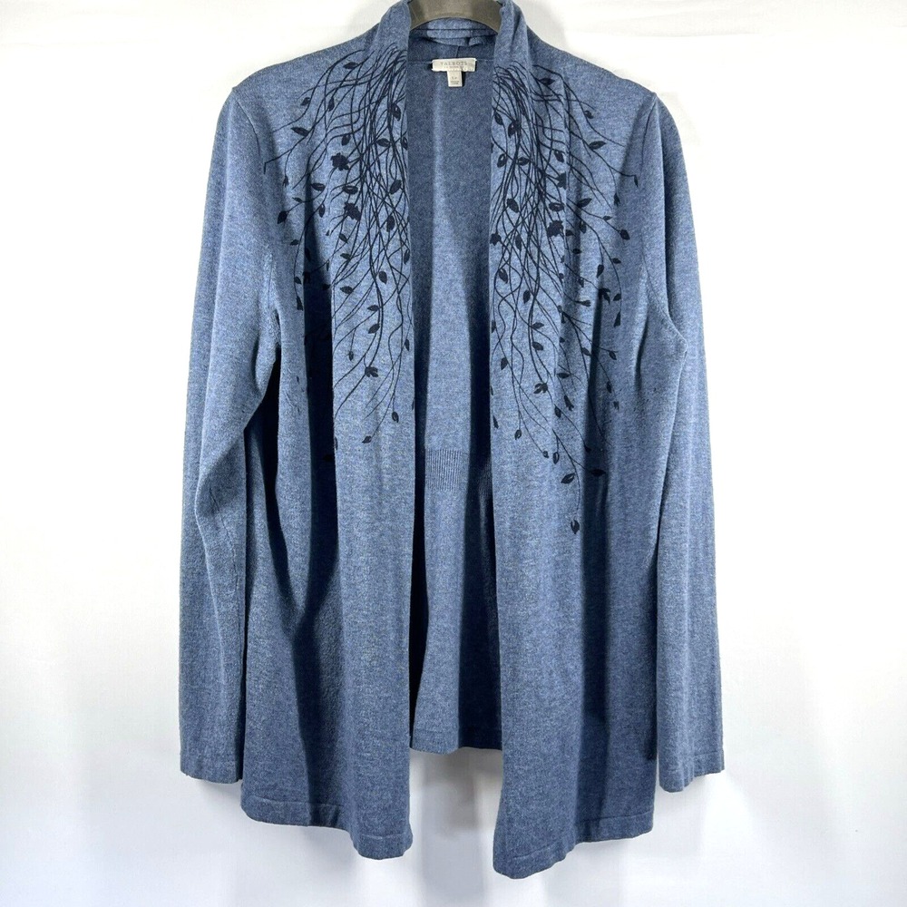 Talbots Sweater Cardigan L Petite LP Blue Floral‎ Roll Collar Lightweight Boho